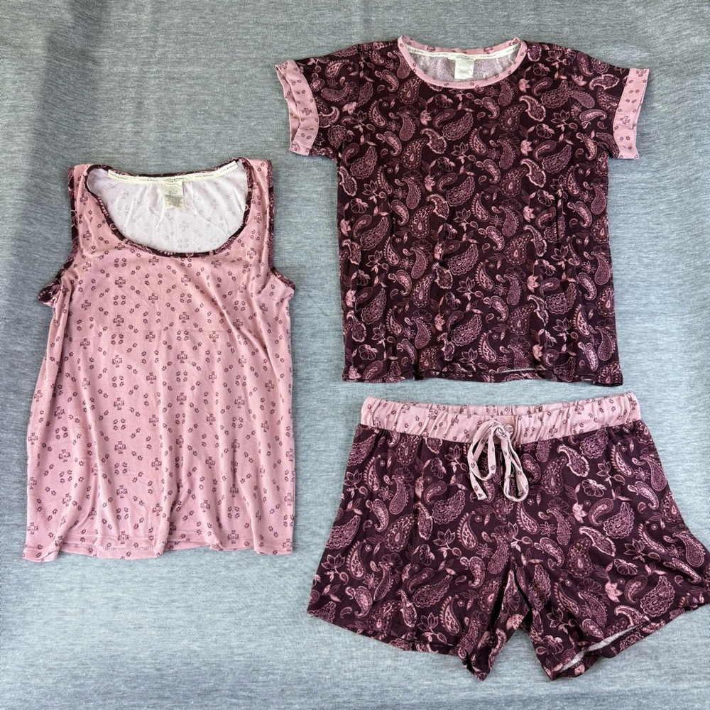 Lucky Brand Pajama Set 3 Pieces Burgundy Paisley Size Small Set Shorts and Tops